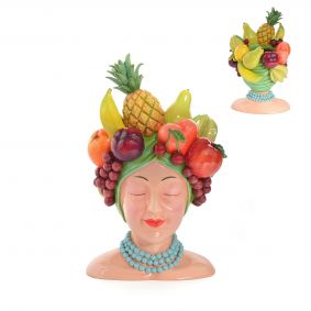 Vaso in poliresina donna con frutta colorato
