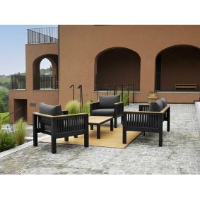 Salotto in alluminio antracite e legno con divano poltrone e tavolino da esterno giardino