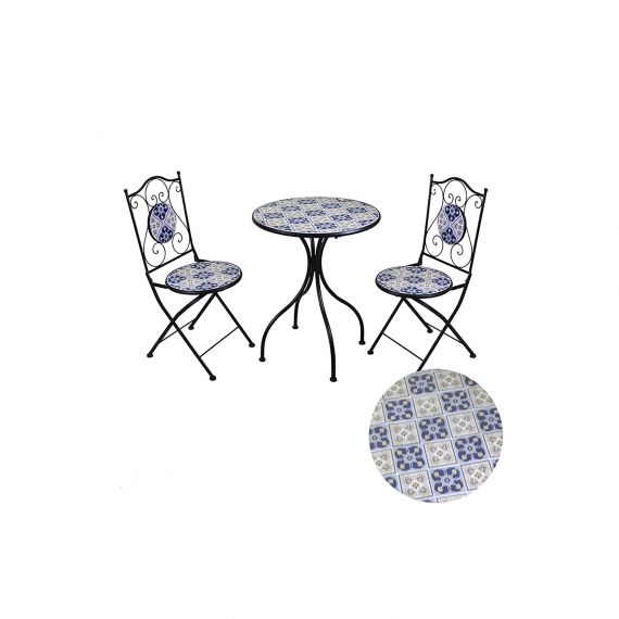 Tavolo in ferro mosaico blu con 2 sedie da esterno giardino